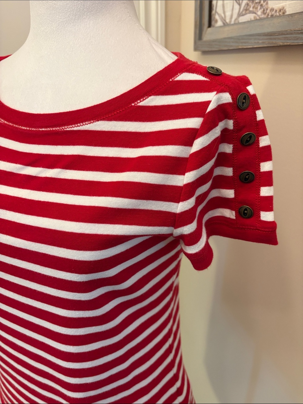 Lauren Ralph Lauren Short Sleeve Top Button-Sleeve Medium Red White Striped - Picture 3 of 13